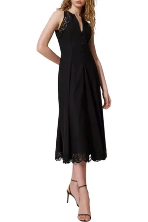 Twin-Set Kjole, Dame, Sort, S, Lang Poplin Kjole med Blonder Detalje