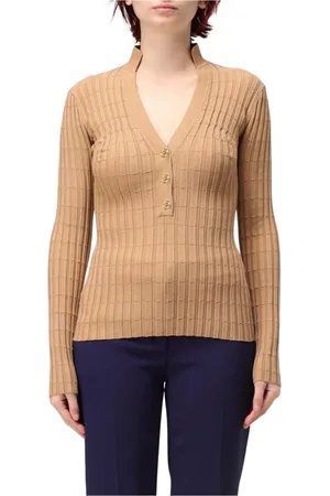 Elisabetta Franchi Strik, Dame, Brun, 2XL, Kamel V-hals Strik Trøje