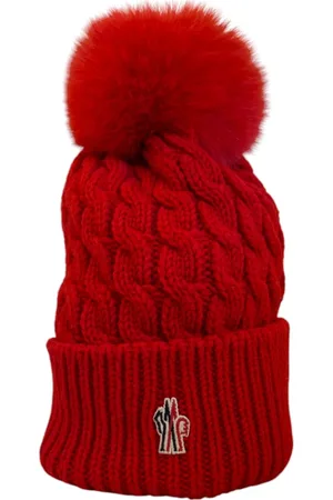 Moncler Tilbehør, unisex, Rød, ONE SIZE, Uld, Rød Kabelstrik Uld Pompom Hat