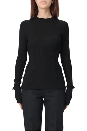 Jil Sander Strik, Dame, Sort, S, Uld, Grøn Ribbet Uld Sweater