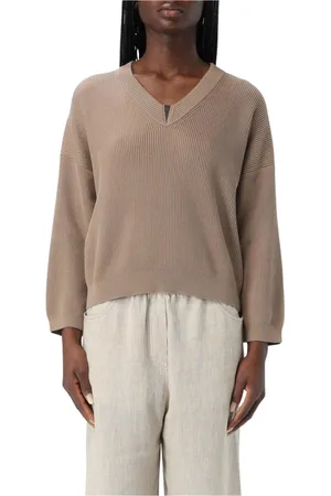Brunello Cucinelli Strik, Dame, Brun, XS, Cashmere, Hvid Cashmere V-Hals Sweater