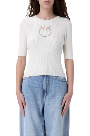 Pinko Strik, Dame, Hvid, XS, Bomuld, Ribbet Strik Smiley Face Sweater