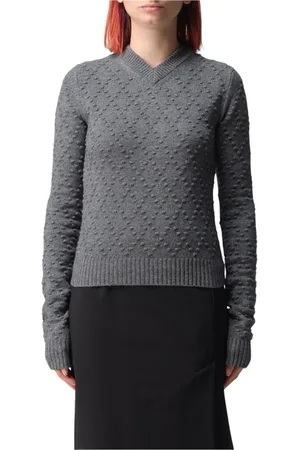 Sportmax Strik, Dame, Grå, S, Uld, Sort Tekstureret Strik V-Hals Sweater