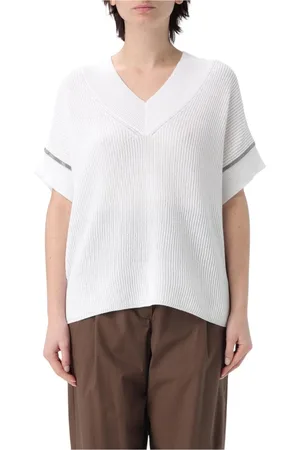 Brunello Cucinelli Strik, Dame, Hvid, M, Bomuld, Hvid Ribstrikket Kortærmet Sweater