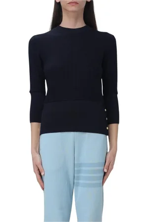 Thom Browne Strik, Dame, Blå, M, Uld, Ribstrikket Pullover Sweater