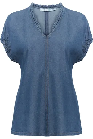 INWEAR Bluser & Skjorter, Dame, Blå, L, Uld, Blå Top med V-Hals og Rynke