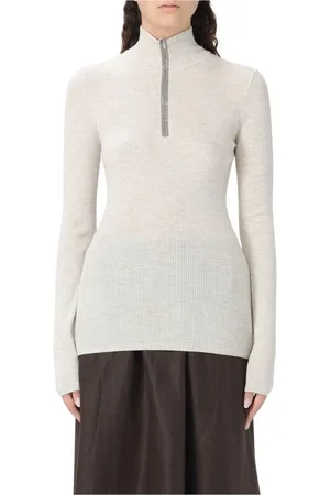 Brunello Cucinelli Strik, Dame, Grå, L, Cashmere, Ribstrikket Lynlås Sweater