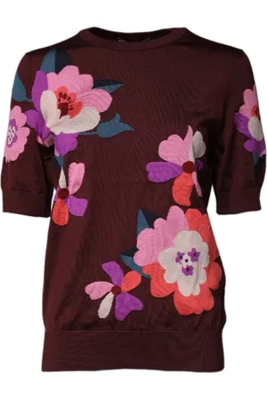 Dolce & Gabbana Strik, Dame, Brun, M, Maroon Blomstret Silke Crew Neck Bluse