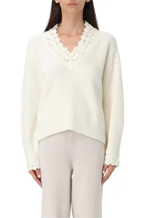 Twin-Set Strik, Dame, , XS, Uld, Creme Striktrøje med Blonde Detalje