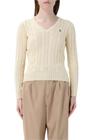 Ralph Lauren Strik, Dame, Gul, XL, Sort Cable Knit V-Neck Sweater