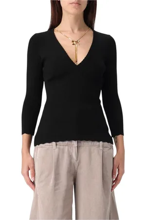 Elisabetta Franchi Strik, Dame, Sort, XL, Sort V-hals Sweater Ribstrikket