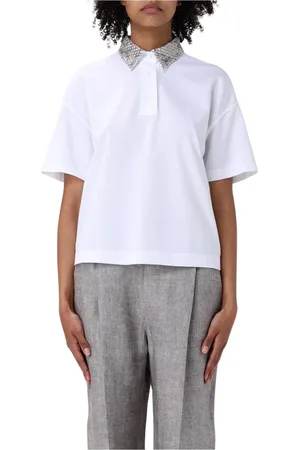 Brunello Cucinelli Top, Dame, Hvid, L, Bomuld, Hvid Polo Skjorte med Pyntet Krave