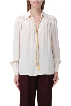 Elisabetta Franchi Bluser & Skjorter, Dame, Gul, L, Uld, Hvid Silkebluse med Guld Kæde