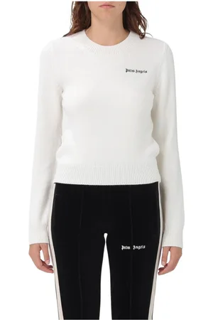 Palm Angels Strik, Dame, Hvid, M, Uld, Sort uld rund hals sweater