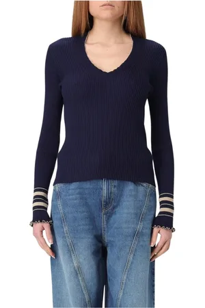 Twin-Set Strik, Dame, Blå, XL, Uld, Blå Ribstrikket V-hals Sweater