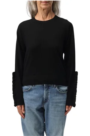 Pinko Strik, Dame, Sort, L, Uld, Ruffled Cuffs Uld Sweater Elegant Stil