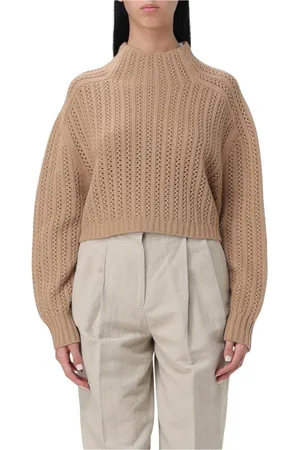 Max Mara Strik, Dame, Brun, M, Uld, Kamel Strikket Mock Hals Sweater