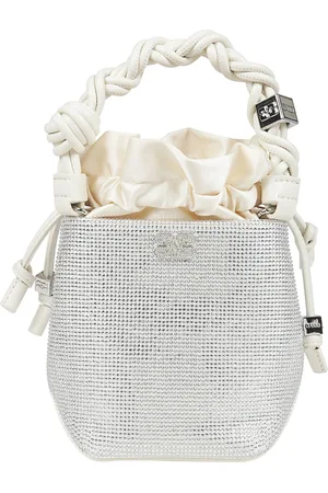 Ganni Taske, Dame, Hvid, ONE SIZE, Mini Strass Bucket Håndtaske med Snørelukning