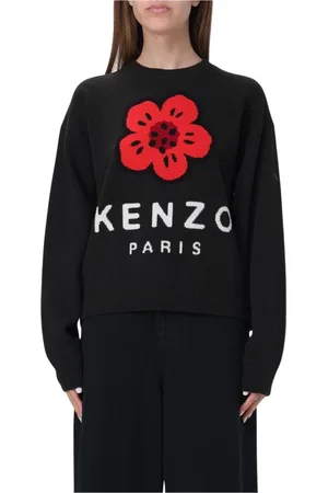Kenzo Strik, Dame, Sort, XS, Uld, Sort Blomst Strik Pullover Sweater