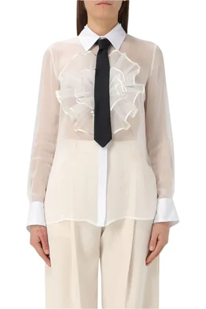 Elisabetta Franchi Bluser & Skjorter, Dame, Hvid, L, Hvid Silkebluse med Rynket Detalje