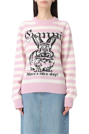 Ganni Strik, Dame, Lyserød, M, Uld, Rabbit Print Strik Trøje