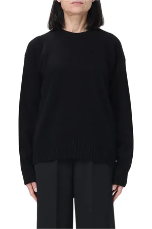 Jil Sander Strik, Dame, Sort, S, Uld, Sort Merino Crew Neck Sweater