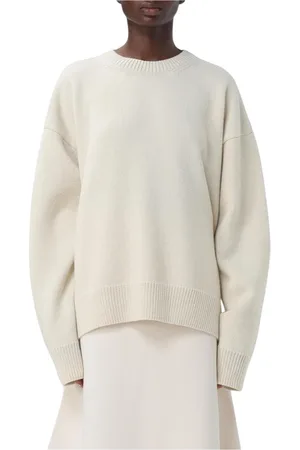 Jil Sander Strik, Dame, , XS, Uld, Elegant Ivory Wool Crew Neck Sweater
