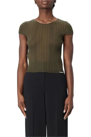 Pinko Strik, Dame, Grøn, S, Uld, Gul Ribstrikket Sweater Top