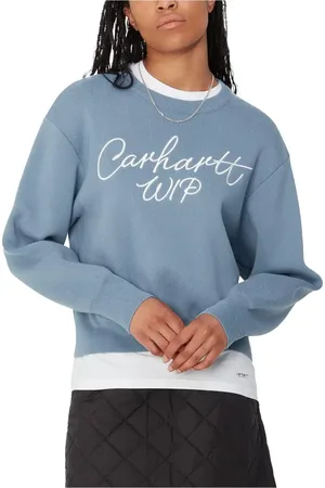 Carhartt Strik, Dame, Blå, S, Bomuld, Signatur Sweater i Dusty Ice Wax