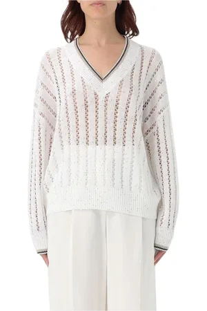 Brunello Cucinelli Strik, Dame, Hvid, XL, Cashmere, Luksuriøs Cashmere Sweater med Ribbed Detaljer