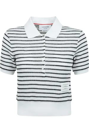 Thom Browne Strik, Dame, Hvid, 3XS, Bomuld, Stribet Polo Krave Strik T-Shirt