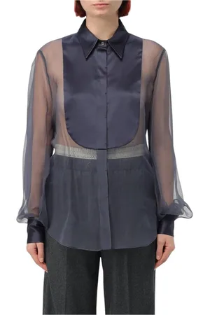 Brunello Cucinelli Bluser & Skjorter, Dame, Blå, L, Satin, Navy Silk Chiffon Satin Blouse