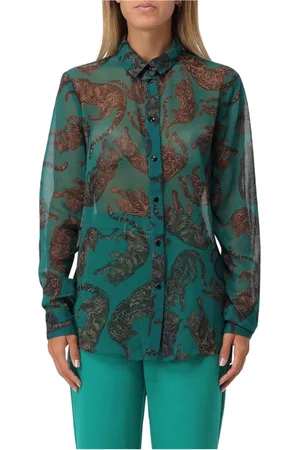 Roberto Cavalli Bluser & Skjorter, Dame, Grøn, XS, Uld, Jaguar Print Sheer Blouse