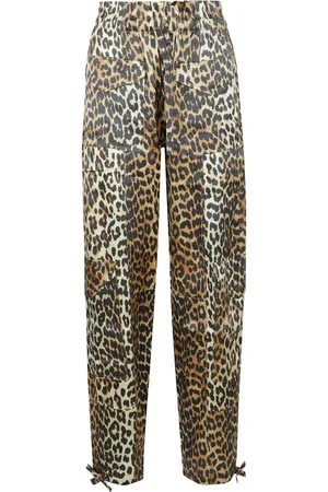Ganni Bukser, Dame, Brun, S, Satin, Leopard Print Satin Drawstring Bukser