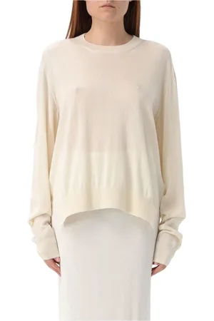 Jil Sander Strik, Dame, Hvid, L, Beige Wool Crew Neck Sweater