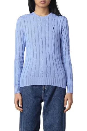 Ralph Lauren Strik, Dame, Blå, M, Bomuld, Hvid Cable Strik Sweater
