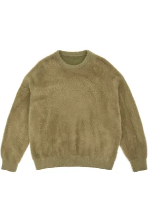 BOILER ROOM Sweathshirts & Hoodies, Herre, Grøn, S, Uld, Shaggy Knit Crew Khaki Sweater