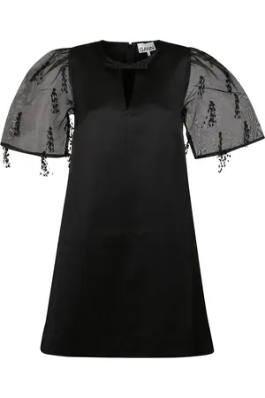 Ganni Kjole, Dame, Sort, M, Organza, Sort frynset minikjole med organzaærmer