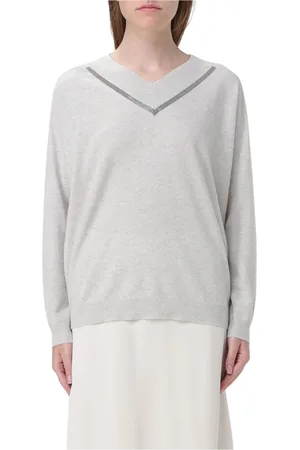 Brunello Cucinelli Strik, Dame, Grå, S, Cashmere, Perle Cashmere V-Neck Sweater