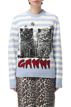 Ganni Strik, Dame, Blå, L, Uld, Stribet Kat Sweater Blå