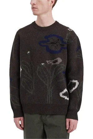 Norse projects Strik, Herre, Brun, XL, Uld, Jacquard Sweater med valmue motiv