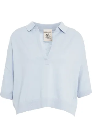 SEMICOUTURE Bluser & Skjorter, Dame, Blå, S, Bomuld, Blå V-hals Bomuldst-shirt