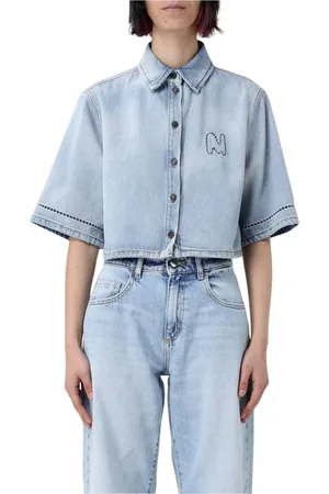 Msgm Bluser & Skjorter, Dame, Blå, XS, Denim, Broderet Logo Denim Skjorte