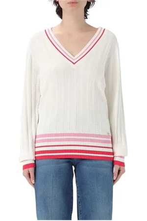 Liu Jo Strik, Dame, Hvid, XS, Uld, Hvid Ribbet V-hals Sweater