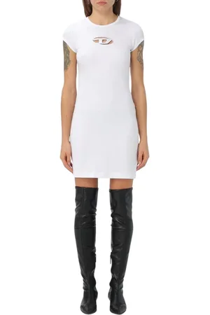 Diesel Kjole, Dame, Hvid, M, Bomuld, Sort Cutout Mini Kjole