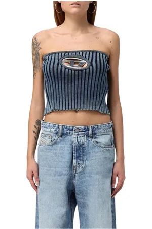 Diesel Top, Dame, Blå, L, Uld, Ribstrikket Stropløs Top med Cutout