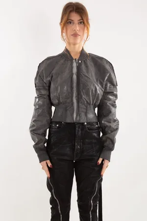 Rick Owens Jakke, Dame, Grå, S, Læder, Foiled Bomber Flight Jacket
