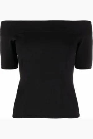 Alexander McQueen Top, Dame, Sort, S, Uld, Sort Off-Shoulder Ribbet Kortærmet Top