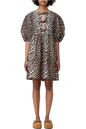 Ganni Kjole, Dame, Flerfarvet, L, Bomuld, Leopard Print Mini Kjole Afslappet Pasform