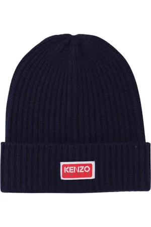 Kenzo Tilbehør, Dame, Blå, ONE SIZE, Uld, Blå Ribstrikket hue med logo